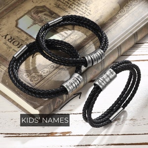 Pulsera para papá - Pulsera personalizada para el Día del Padre - Pulsera de cuero trenzado para hombre - Pulsera negra para él con nombres - Regalo para papá
