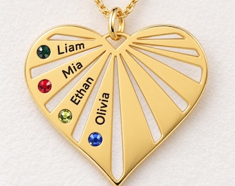Mothers Birthstone Necklace with Kids Names, Personalized Family Necklace for Mom Grandma, Mothers Day Gift, Stainless Steel