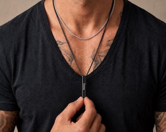 Mens Personalized Name Necklace, Engraved Black Bar Pendant, Stainless Steel Custom Necklace for Him, Anniversary Gift for Husband