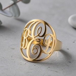 Può includere: Un anello color oro caratterizzato da una grande parte frontale circolare con un intricato design a monogramma traforato. Le lettere sono interconnesse in uno stile corsivo fluido, creando un motivo decorativo ritagliato sulla superficie.