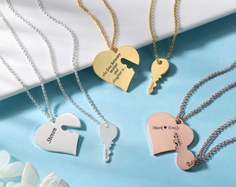 Heart and Key Matching Necklaces for Couples, His and Hers Engraved Pendant Set, Key to My Heart Anniversary Gift for Boyfriend Girlfriend