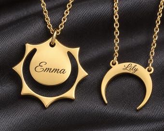 Sun and Moon Couple Necklace Set, His and Hers Matching Necklaces for Couples, Long Distance Relationship Gift, Anniversary Gift