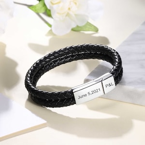 Pulsera para hombre • Regalo para novio • Regalo personalizado para el día del padre • Regalos para el día de San Valentín para él, papá • Pulsera de cuero negra y plateada para hombre