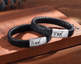 Pulsera personalizada con huellas de bebé para papá primerizo, pulsera de cuero grabada a medida con el nombre y la fecha de nacimiento del bebé, regalo para el primer Día del Padre.