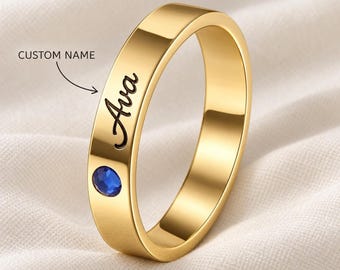 Birthstone Name Ring Stack, Engraved Family Band with Kids - Gold, Silver or Rose