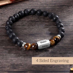 Pulsera de platino negro para hombre, pulsera de papá con nombres de niños, regalo para nuevos papás - pulsera de nombre personalizado, pulsera de mal de ojo para él