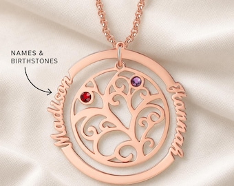 Birthstone Family Tree Necklace with Up to 4 Names - Mother Pendant in Silver, Gold or Rose