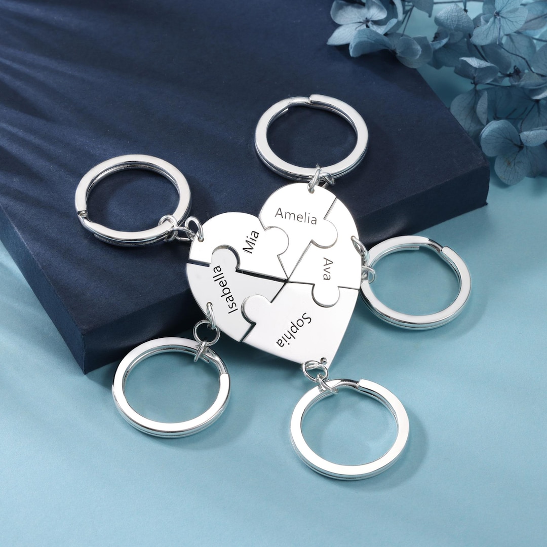 Best Friend Keychain Set for 2 3 4 5 6, Personalized Split Heart Puzzle ...