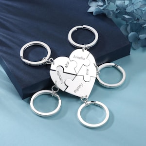 Op de afbeelding: Een zilveren hartvormige puzzelsleutelhanger met vijf verbonden sleutelringen. Elk puzzelstukje heeft een gegraveerde naam: Isabella, Mia, Ava, Sophia en Amelia. De sleutelhanger ligt op een donkerblauwe ondergrond.