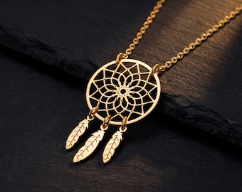 Dreamcatcher Necklace for Women, Boho Feather Pendant in Gold, Silver or Rose Gold, Protection & Good Luck Gift for Her