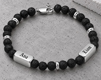 Dad Bracelet with Kids Names, Personalized Lava Stone & Onyx Mens Bracelet, Engraved Fathers Day Gift for Him from Kids