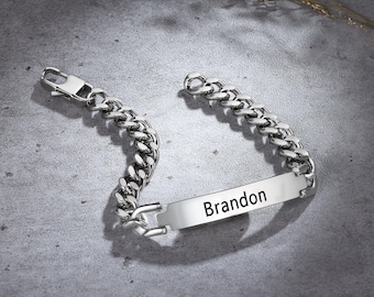 Personalized Men's ID Bracelet, Engraved Cuban Chain Bracelet for Husband, Custom Name Bracelet for Boyfriend, Dad Gift