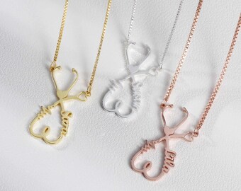 May include: Three gold, silver, and rose gold necklaces with a stethoscope design and personalized names. The names are "My Sarah", "My Melissa", and "My Ella".