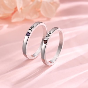 Personalized Birthstone Ring, Custom Name Ring with Stones, Engraved Rings for Women, Silver Name Ring, Stackable Rings with Birthstones