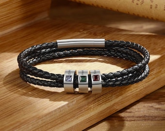 Birthstone Bracelet For Men - Mens Bracelet With Family Names - Engraved Black Bracelet For Dad - Personalized Gift for Husband, Dad, Son
