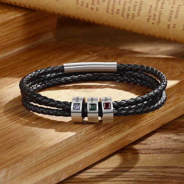 Birthstone Bracelet For Men - Mens Bracelet With Family Names - Engraved Black Bracelet For Dad - Personalized Gift for Husband, Dad, Son