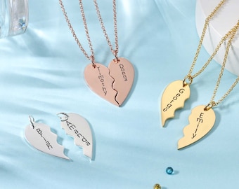 Matching Half Heart Necklace Set for Couples or BFFs - Personalized Split Heart Pendant - Engraved Silver or Gold Friendship Necklace