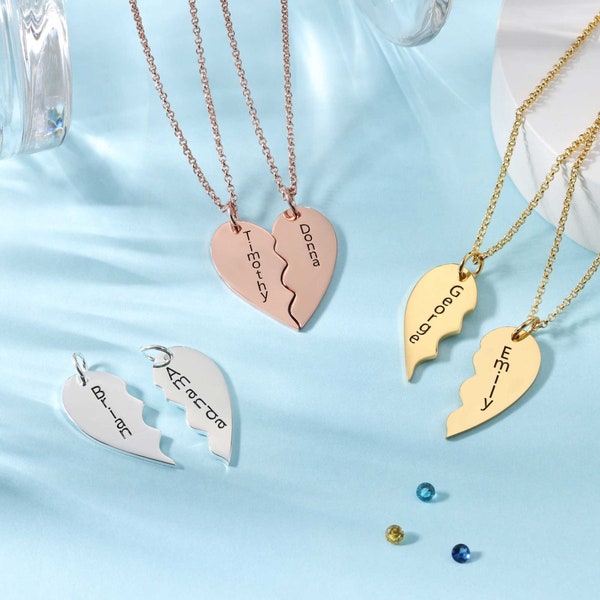 Collier demi-coeur - Colliers de couple mignon - Collier coeur fendu - Pendentif demi-coeur - Collier assorti de couple - Argent, Or - Bff Gif