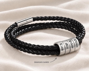 Mens Name Bracelet, Black Braided Leather with Engraved Silver Charms - Family Kids