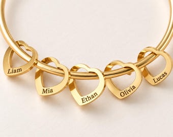 Grandma Bracelet Grandkids Names, Engraved Heart Charm Bangle, Personalized Nana Gift for Mother's Day, Silver Gold Rose Gold