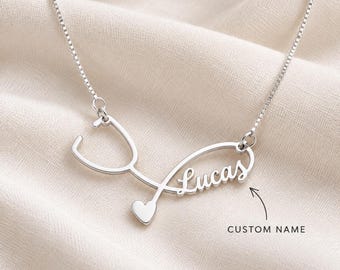 Stethoscope Necklace with Script Name and Heart, Sterling Silver, Gold or Rose Plated Nurse Jewelry