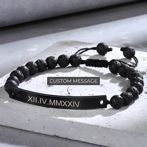 Pulseira de bar masculina – Pulseira com nome gravado personalizado, joia de identificação com contas ajustáveis, presente estilo boho personalizado para ele ou ela