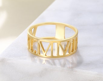 Roman Numeral Ring: Custom Date Ring • Personalized Name Band • Sterling Silver Ring - Gold Name Ring • Gift for Her, Wife, Girlfriend