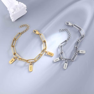 Pulsera de dijes personalizada con clip de papel con nombres de niños grabados - Pulsera con varios nombres para mujeres - Regalo de Navidad personalizado para mamá, esposa