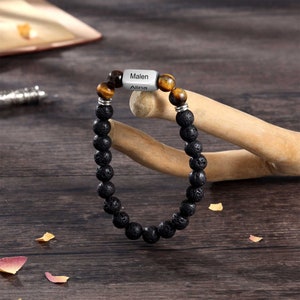 Pulsera Piedra Volcánica con Nombres Para Papá - Pulsera Negra Con Nombres Grabados - Regalo Día del Padre Para Papá - Pulsera Personalizada Para Hombre