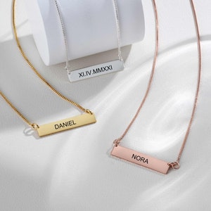 Custom Gold Bar Necklace - Personalized Engraved Horizontal Bar Pendant in Sterling Silver - Christmas Gift for Her, Wife, or Girlfriend