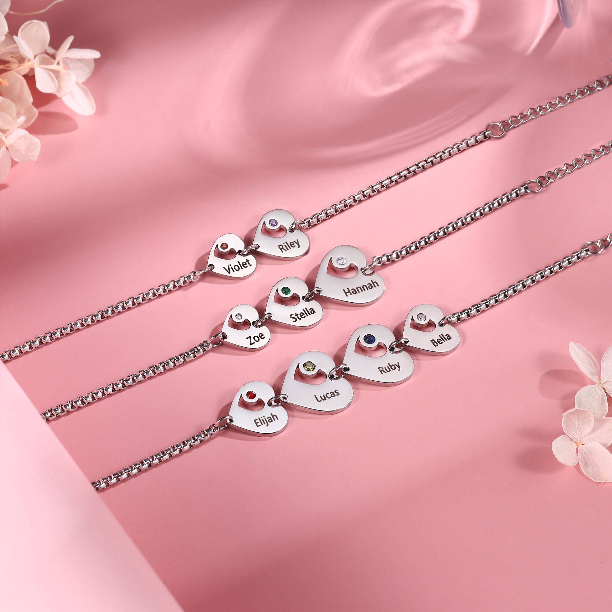 Bracciale per la festa della mamma, personalizzato, grandi pietre portafortuna, timbrato a mano, acciaio inossidabile, braccialetto con nome, gioielli della mamma, nomi dei bambini, Natale - Italia
