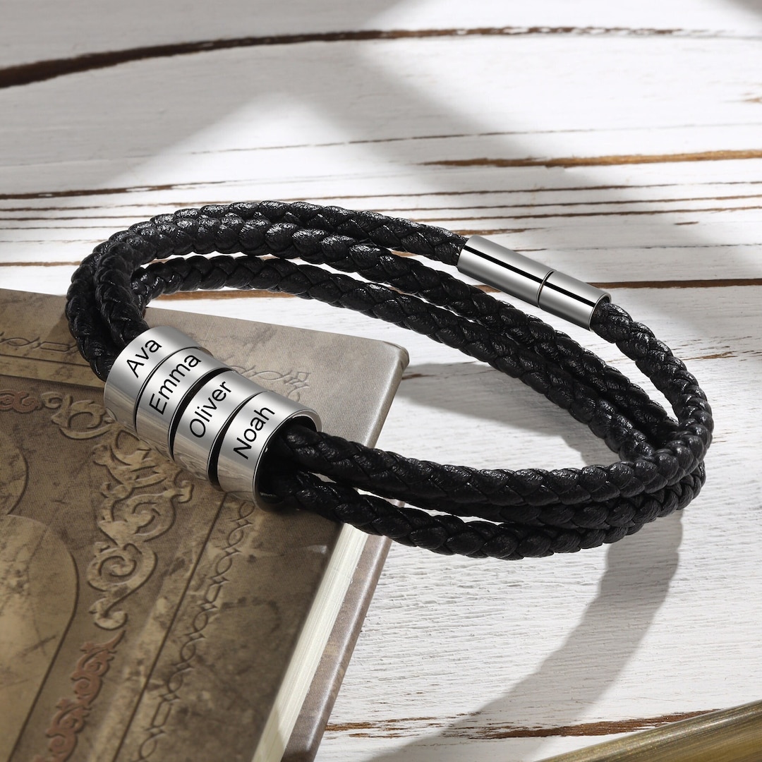 Braccialetto Uomo Personalizzato Con Nomi - Intrecciato, Regolabile, Perle 9mm, Ideale Regalo