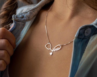 Aangepaste verpleegster stethoscoop ketting met gepersonaliseerde naam - handgemaakte hanger voor medische professionals - ideaal cadeau voor afstuderen