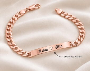 Engraved ID Bracelet, Stainless Steel Curb Chain with Custom Name & Date - Silver, Gold, Rose