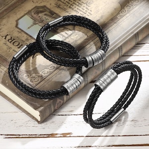 Vaderdagarmband - Graveerbare lederen manchetarmband - Gepersonaliseerde herenarmband voor papa met kindernamen - Zwarte armband voor mannen