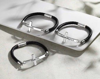 Men Black Leather Cross Bracelet Sideways - Personalized Name Bracelet - Boyfriend Leather Bracelet - Christmas,Valentines Day Gifts For Him