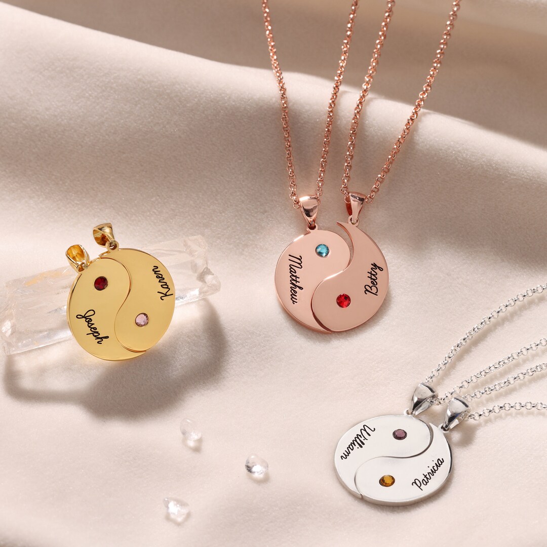 Yin Yang Name Necklace Custom Birthstones Two name Pendant Couples 