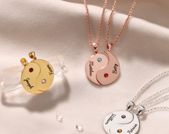 Yin Yang Namenskette - Benutzerdefinierte Geburtssteine & Anhänger mit zwei Namen, Paare / BFF / Beziehungsgeschenk, passende Halskette