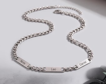 Personalized Mens Necklace, Engraved Figaro Chain for Him, Custom Name Necklace, Stainless Steel Gift for Dad, Husband & Son
