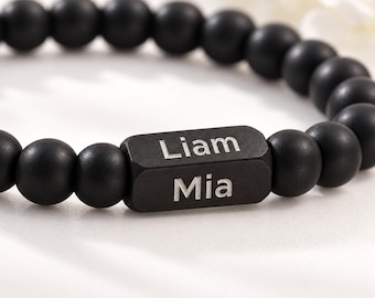 Personalized Mens Bracelet, Engraved Black Onyx Beads, Custom Name Bracelet for Men, Stainless Steel Gift for Dad, Husband, Fathers Day