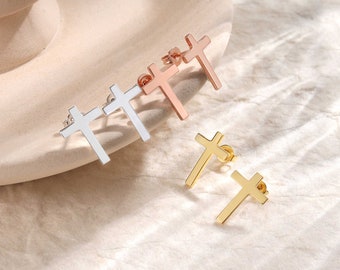 Pendientes de cruz - Plata y oro - Pequeños pendientes clásicos - Joyería espiritual - Elegantes pendientes de cruz religiosa