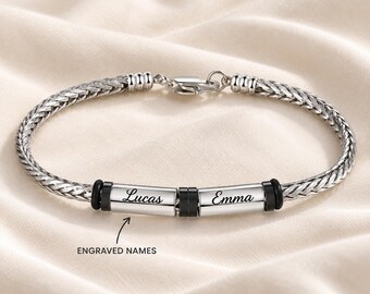 Mens Name Bracelet, Silver Snake Chain with Two Engraved - English, Hebrew or Arabic Text