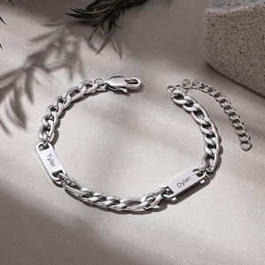 Pulsera personalizada para hombre: pulsera grabada para hombre, pulsera personalizada para hombre, pulseras de plata personalizables para hombre, pulsera para papá con nombres