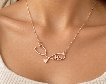 Nurse Name Necklace with Stethoscope Pendant, Script Personalized RN Jewelry in Silver, Gold or Rose