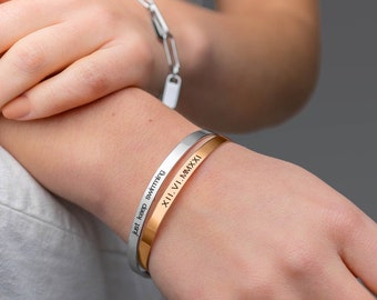 Engraved Bangle With Coordinate, Date & Names - Custom Quote Bracelet, Personalized Cuff Jewelry for Women - Perfect Custom Gift for Her