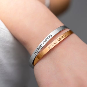 Custom Quote Bracelet - Bracelets with Sayings - Gold, Silver, Rose Gold Adjustable Engraved Bangle for Women - Personalized Gift for Her