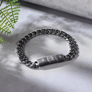 Pulseras grabadas: pulsera para hombre grabada con láser, pulsera con identificación grabada, pulsera personalizada con nombre para hombre, negra/plateada, regalos personalizados para hombres