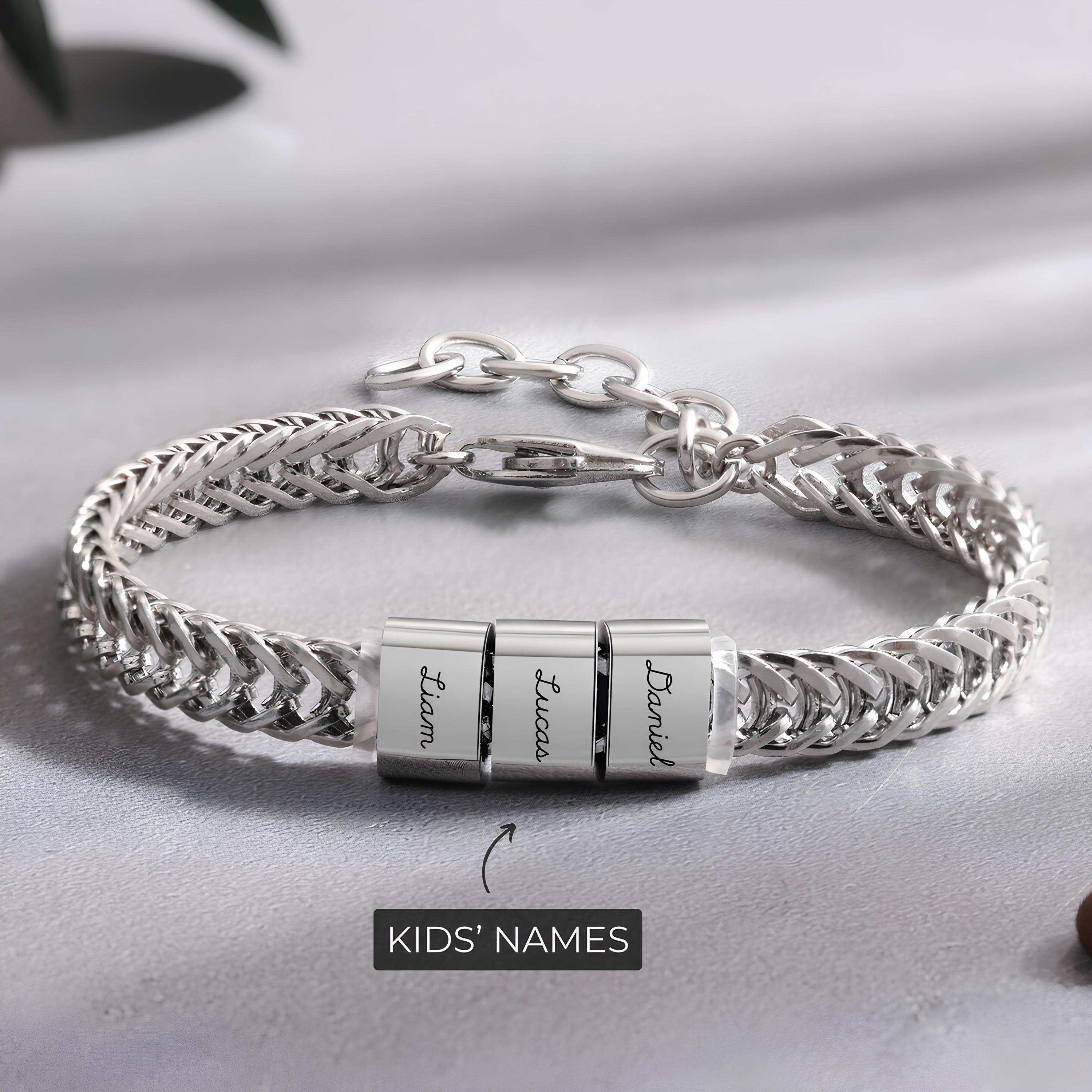 Silver Dad Bracelet with Kids' Names – Personalized Gift for Dad, Custom Father Bracelet, Family Jewelry, Birthday Gift for Dad, Fathers Day