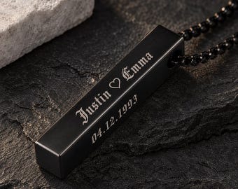 Personalized Black Necklace Men, Engraved Matte Black Bar Pendant, Stainless Steel Gift for Him, Husband & Dad