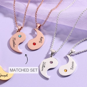 Matching Necklaces – Yin Yang Relationship Jewelry Set of 2 with Name & Birthstone, Handmade Couples Gift, His and Hers Friendship Necklaces